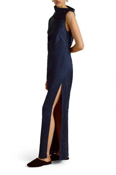 Marina Moscone Column Dress W/ Asymmetric Drape In Blue