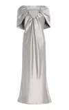 Marina Moscone Draped Satin Sheath Midi Dress