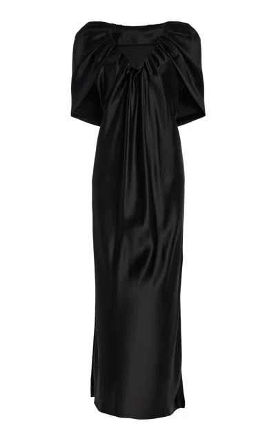 Marina Moscone Draped Satin Sheath Midi Dress In Black