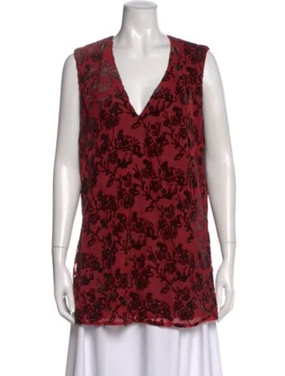 Pre-owned Marina Moscone Floral Print V-neck Top In Red