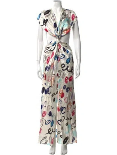 Pre-owned Marina Moscone Graphic Print Long Dress In Neutral