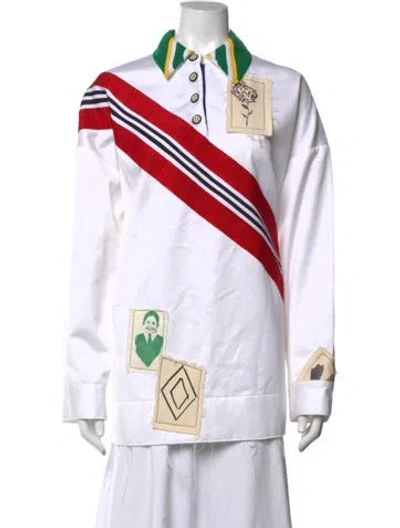 Pre-owned Marina Moscone Graphic Print Long Sleeve Polo In White