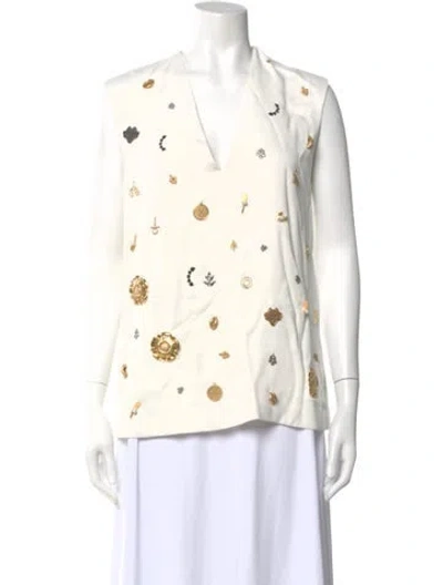 Pre-owned Marina Moscone Patterned V-neck Top In White