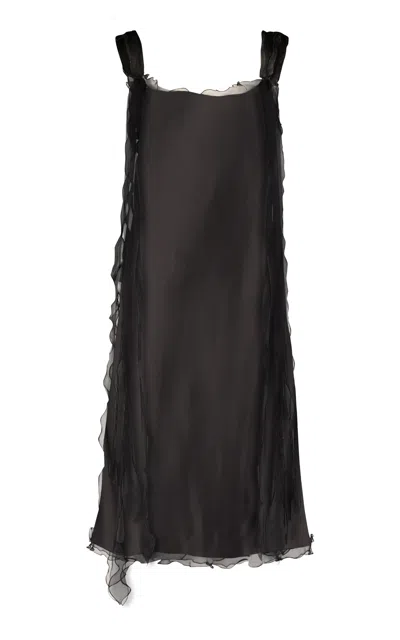 Marina Moscone Ruffled-trim Satin Midi Dress In Black
