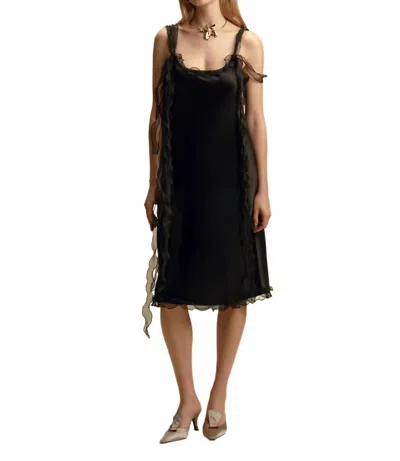 Marina Moscone Satin Slipdress With Ruffle Trim In Black