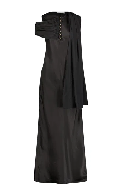 Marina Moscone Shawl-detailed Satin Maxi Dress In Black