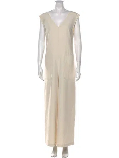 Pre-owned Marina Moscone Silk V-neck Jumpsuit In Neutral