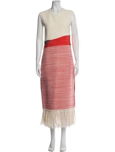 Pre-owned Marina Moscone Tweed Midi Length Dress In Red