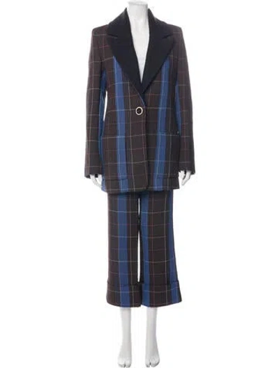 Pre-owned Marina Moscone Virgin Wool Plaid Print Pant Set In Blue