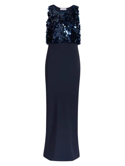 Marina Moscone Bias Maxi Dress With Paillette Bodice In Blue