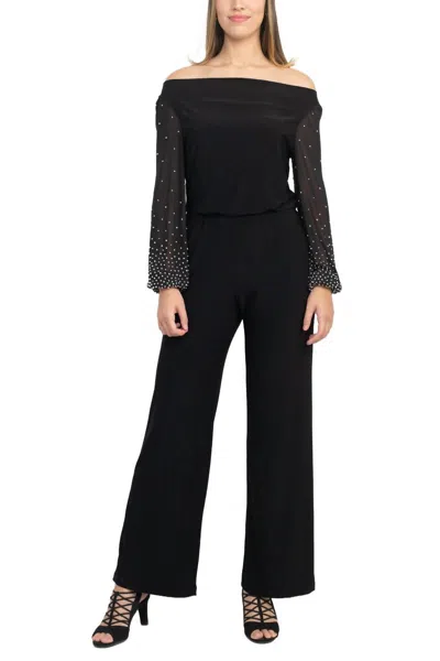 Marina Off The Shoulder Embellished Long Sleeve Jumpsuit In Black