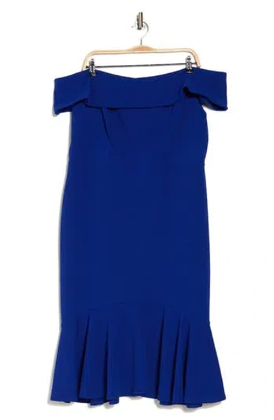 Marina Off The Shoulder Flounce Scuba Cocktail Dress In Cobalt