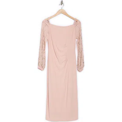 Marina Off The Shoulder Long Sleeve Beaded Midi Dress In Blush