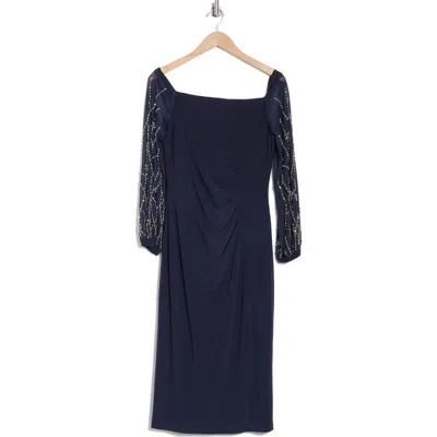Marina Off The Shoulder Long Sleeve Beaded Midi Dress In Navy