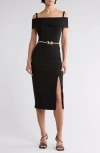 Marina Off The Shoulder Scuba Midi Dress In Black