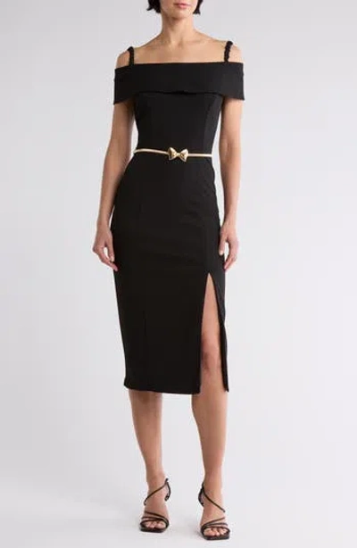 Marina Off The Shoulder Scuba Midi Dress In Black