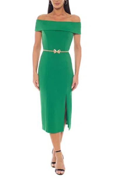 Marina Off The Shoulder Scuba Midi Dress In Green