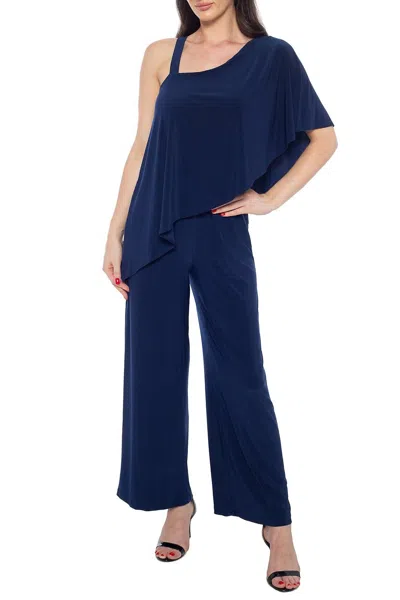 Marina One Shoulder Asymmetrical Neck Short Flutter Sleeve Wide Leg Jumpsuit In Navy In Blue