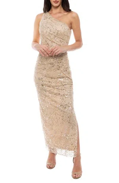Marina One-shoulder Beaded Mesh Gown In Champagne