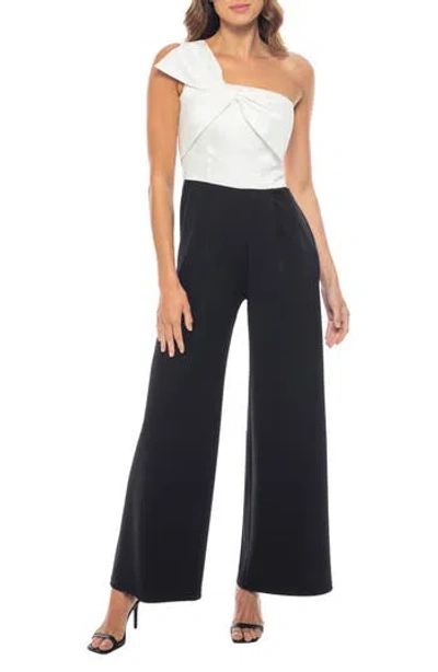 Marina One-shoulder Taffeta Bow Jumpsuit In Black/white