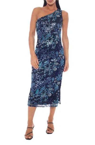 Marina One-shoulder Beaded Midi Dress In Blue