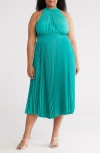 Marina Pleated High Neck Dress In Green