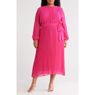 Marina Pleated Long Sleeve Chiffon Dress In Pink
