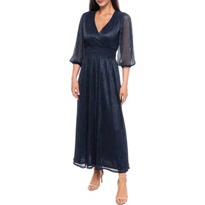 Marina Pleated Metallic Maxi Dress In Navy