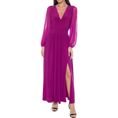 Marina Pleated Smocked Long Sleeve Chiffon Dress In Fuchsia