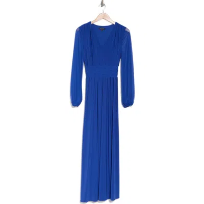 Marina Pleated Smocked Long Sleeve Chiffon Dress In Royal