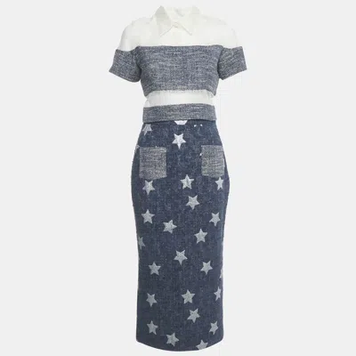 Pre-owned Marina Qureshi Blue Jacquard Tweed Top And Skirt Set S