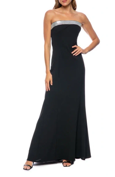 Marina Rhinestone Strapless Scuba Gown In Black