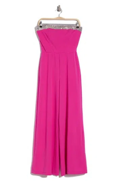 Marina Rhinestone Trim Wide Leg Jumpsuit In Fuchsia
