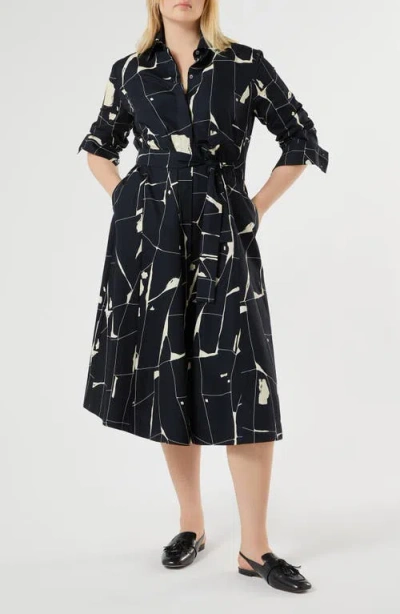 Marina Rinaldi Abstract Print Long Sleeve Cotton Shirtdress In Black