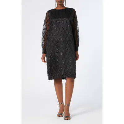 Marina Rinaldi Aderire Sequin Diamond Pattern Long Sleeve Silk Dress In Black