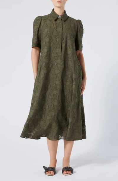 Marina Rinaldi Alain Floral Puff Sleeve Midi Dress In Kaki