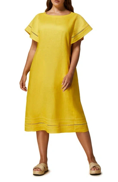 Marina Rinaldi Bartolo Stitch Linen Dress In Yellow