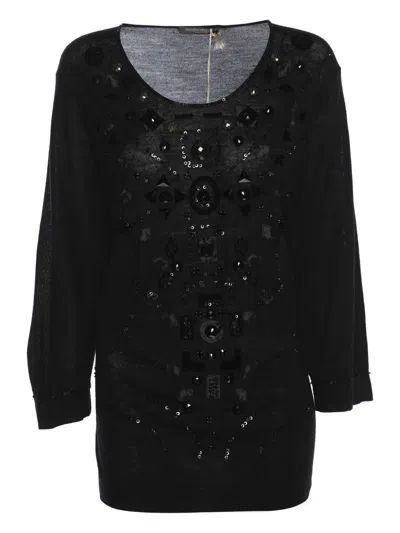 Pre-owned Marina Rinaldi Embellishment Scoop-neck Sweater In Black