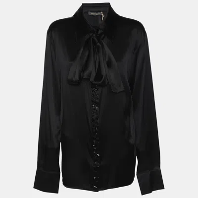 Marina Rinaldi Black Stretch Silk Crystal Embellished Long Sleeve Scarf Neck Shirt