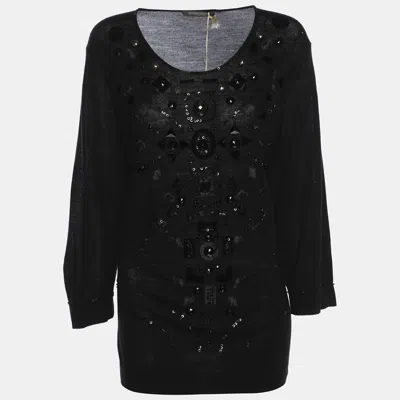 Pre-owned Marina Rinaldi Black Stretch Wool Embellished Sweater L