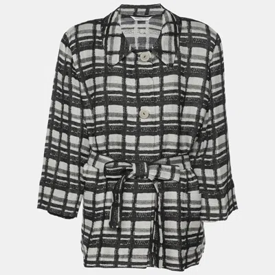 Marina Rinaldi Black/off White Check Print Linen Blend Belted Blazer