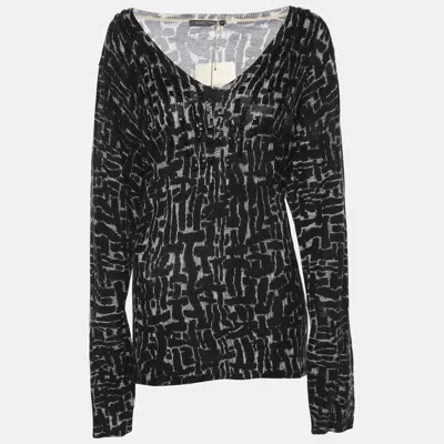 Pre-owned Marina Rinaldi Black/off White Stretch Knit Scoop Neck Sweater L