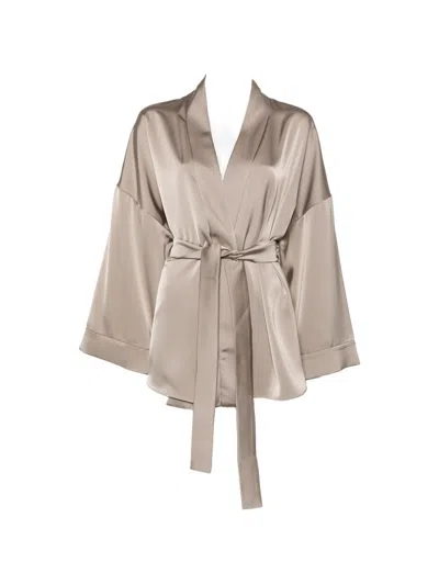 Marina Rinaldi Butterfly Belted Satin-finish Blouse In Brown