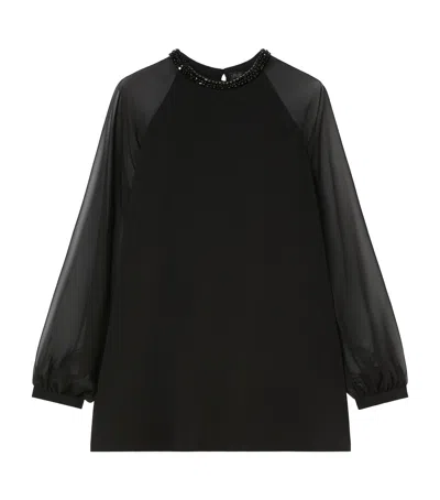 Marina Rinaldi Cambusa Bead Neckline Sheer Sleeve Cady Top In Black