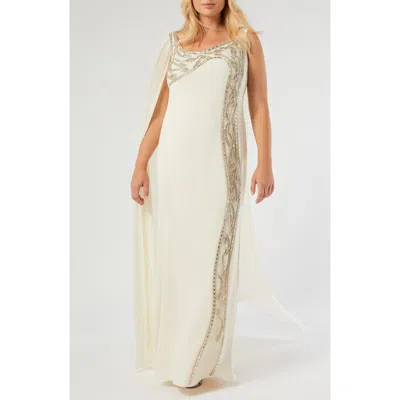 Marina Rinaldi Calisso Bead Detail Caped Gown In Yellow