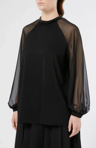 Marina Rinaldi Cambusa Bead Neckline Sheer Sleeve Cady Top In Black