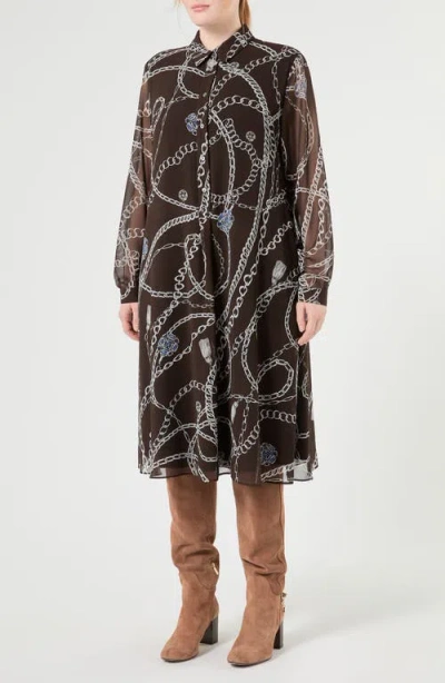 Marina Rinaldi Chain Print Long Sleeve Dress In Brown