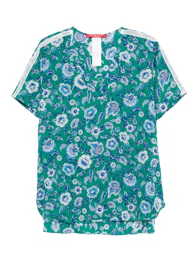 Marina Rinaldi Cinese Floral-print Lace-trimmed Top In Blue