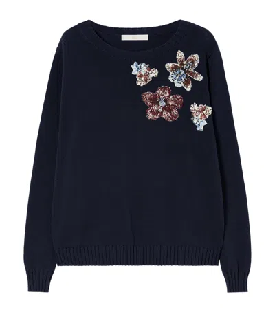 Marina Rinaldi Cotton Embellished Sweater In Navy
