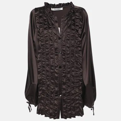Pre-owned Marina Rinaldi Dark Brown Stretch Satin Ruffle Front Shirt L